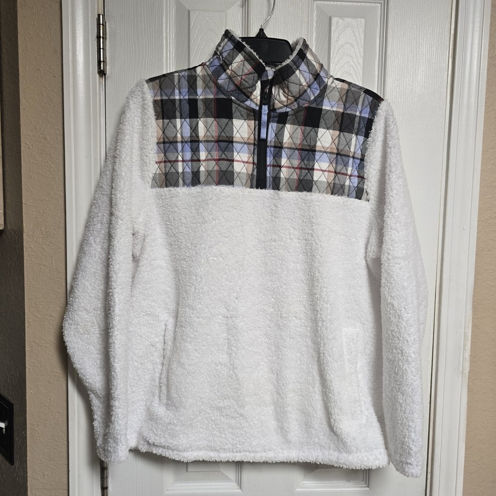 VERA BRADLEY Sz Lg White w/ Multi-Color Quilted Bodice & Trim 1/4 Zip Fleece Top - Picture 1 of 6